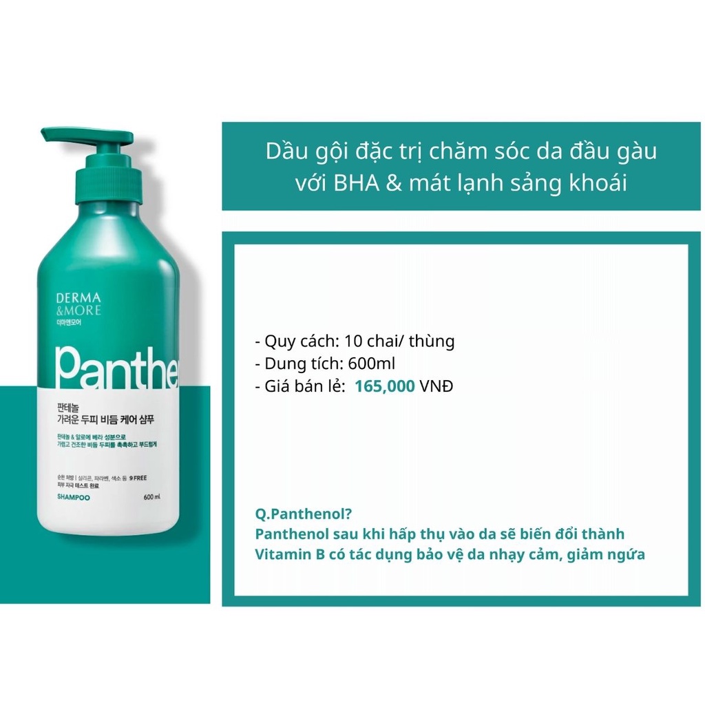 Dầu gội đầu giảm gàu ngứa Derma & More PANTHENOL phục hồi da đầu tổn thương, cấp ẩm, chăm sóc da đầu khô 600ml