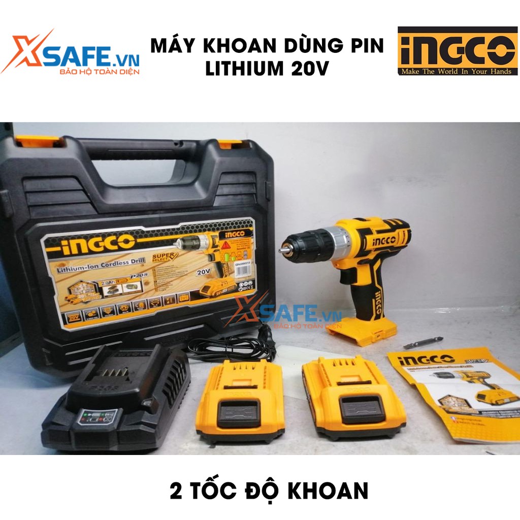 Máy khoan búa dùng Pin Lithium 20V INGCO CDLI200215 Kèm 2 pin 1 sạc, hai tốc độ 0-400/min và 0-1500/min - chính hãng