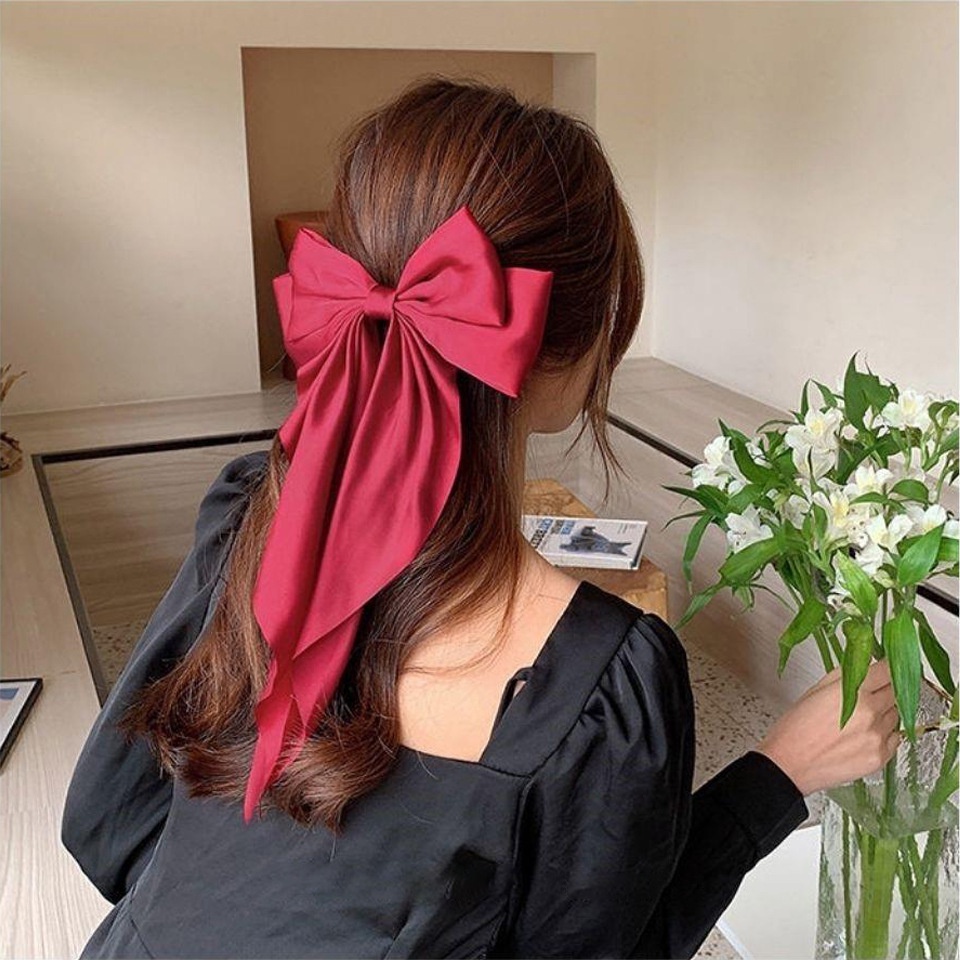 Kẹp tóc Haimeikang thiết kế thắt nơ làm từ vải satin màu trơn thời trang xinh xắn