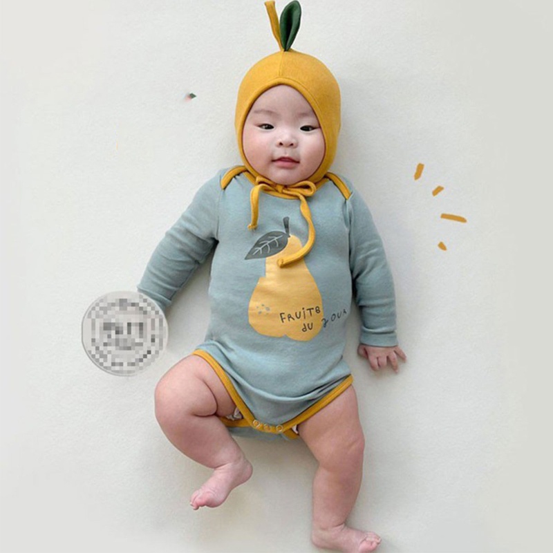 Bộ Áo Liền Quần Bằng Cotton Mềm Mại Tay Dài In Họa Tiết Trái Cây Kèm Nón Cho Bé Trai / Gái