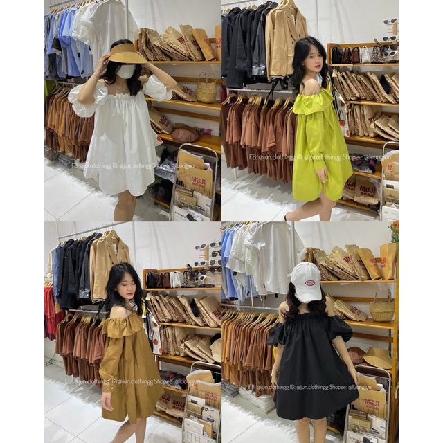 Áo Váy trễ vai tay phồng 6 màu trendy/ quần sooc gấm - JUN.CLOTHINGG | BigBuy360 - bigbuy360.vn