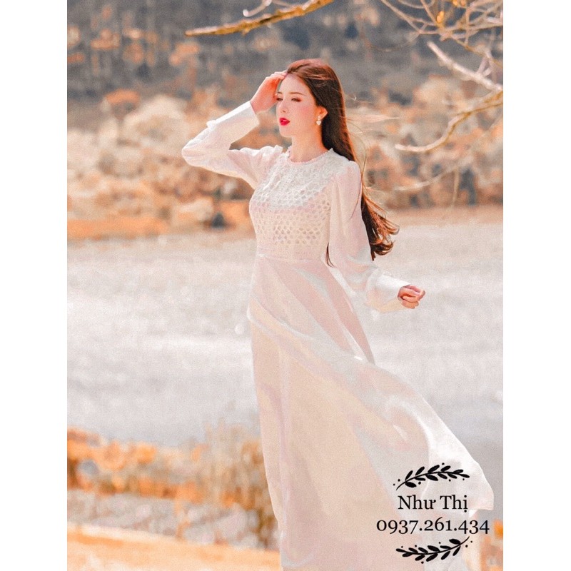(free chỉnh sửa váy) đầm dạ hội trắng tay dài váy xòe, đầm tiểu thư cô dâu kín đáo đi tiệc chụp ảnh cưới lễ cưới