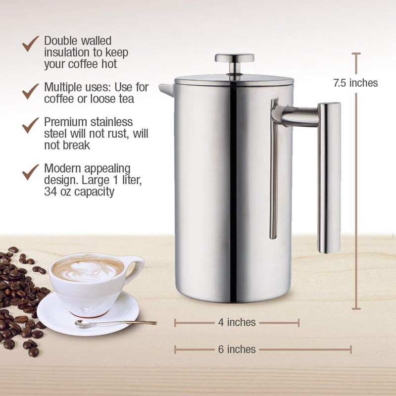 Stainless Steel French Press Coffee Maker | 34 Oz (1000 ml)