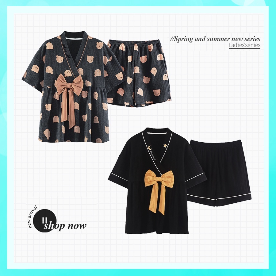 Đồ ngủ kimono tiểu thư mặc nhà cao cấp tay cộc quần cộc chất cotton gân tăm mềm mịn BCC21