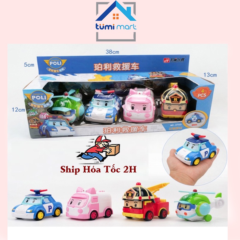Bộ 4 xe ô tô Robocar Poli chạy đà cảnh sát poli, máy bay heli, xe cứu thương amber, xe cứu hoả roy