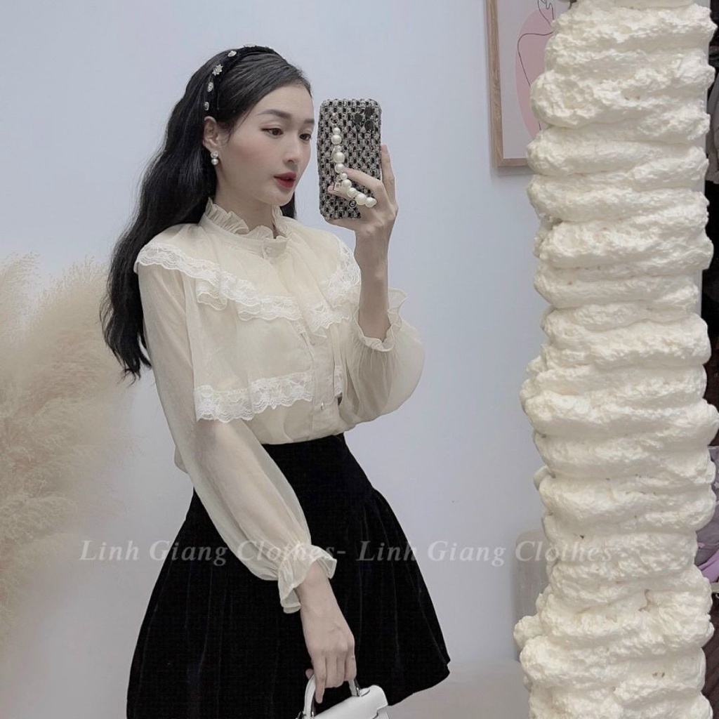 Áo nữ kiểu phối ren cổ bèo tay phồng babydoll dáng sơ mi cổ tròn tay phồng nữ tính tiểu thư bánh bèo Liaofashion