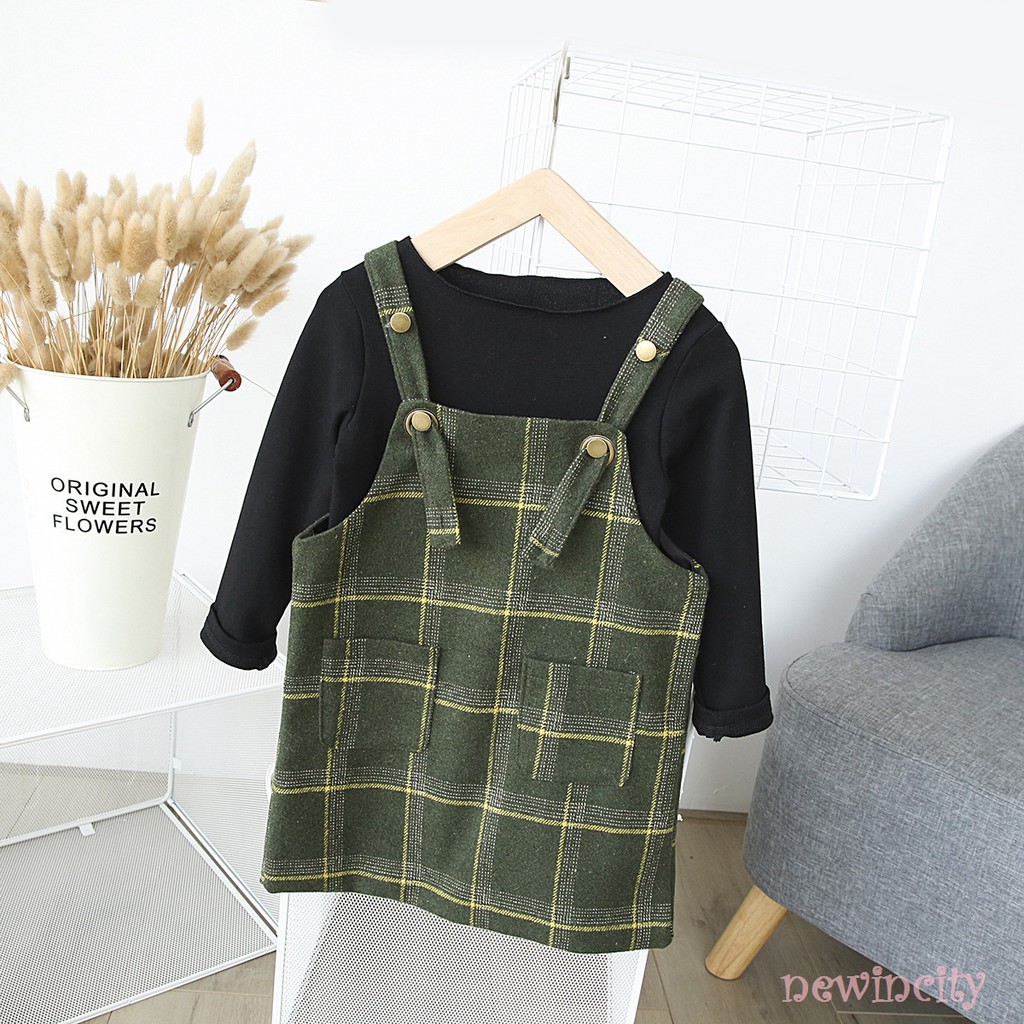 Korean Girls Dress Set Autumn Kids Long Sleeve Blouse + Strap Plaid Short Dress Casual Set
