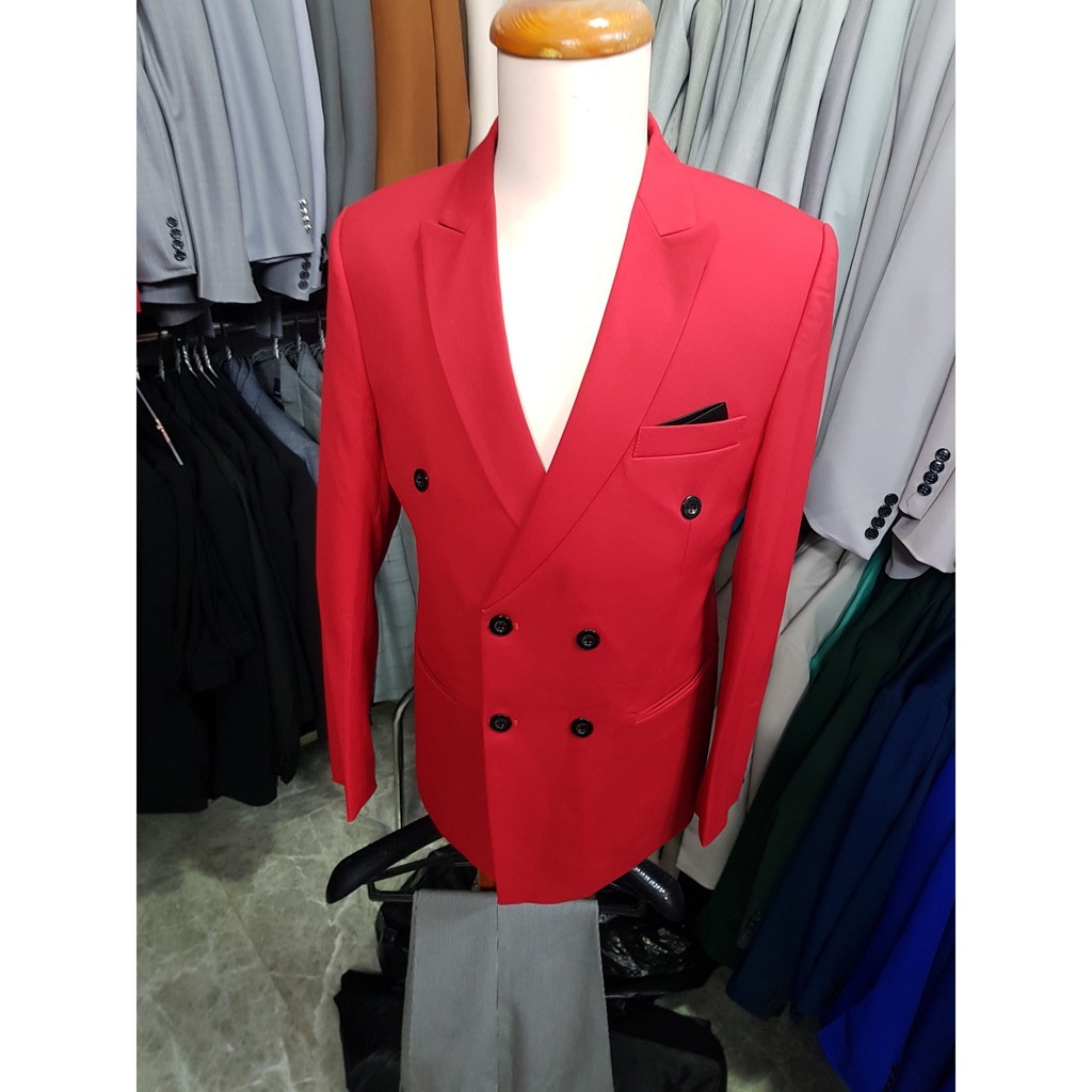 Bộ vest nam 6 nút màu đỏ tươi tặng kèm cà vạt kẹp