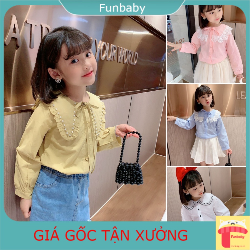 Áo sơ mi cho bé gái dài tay cổ phối ren, Sơ mi trẻ em 3-8 tuổi chất liệu vải thô cao cấp