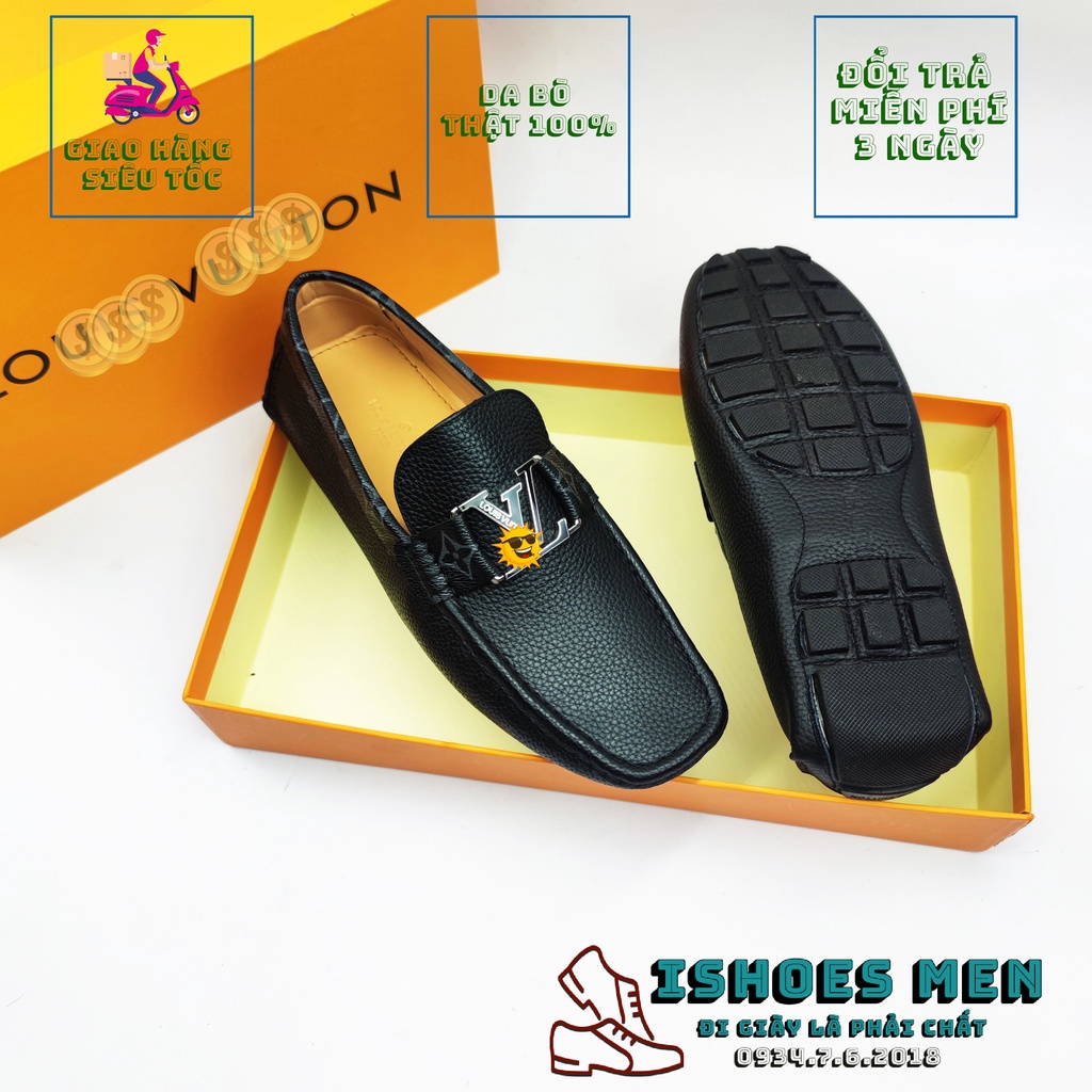 Giày Lười Moca LV Nam Cao Cấp Hoa Viền Thời Trang Da Bò xịn Chuẩn form Full Box Bảo Hành 1 năm