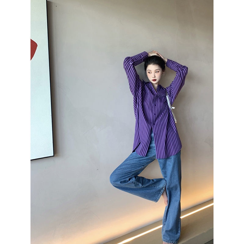 Hàng Có Sẵn Áo Sơ Mi Kẻ Sọc Tím Dáng Rộng Phong Cách Chic Hồng Kông Cổ Điển Thiết Kế Mới Nhất Năm 2022 Dành Cho Bạn Nữ