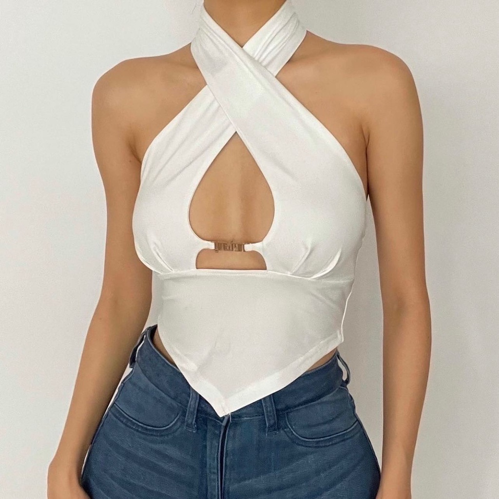 Áo Kiểu Croptop Chồng Cổ Hở Ngực, Áo Thun Trắng Đen Cut Out Họa Tiết Chữ