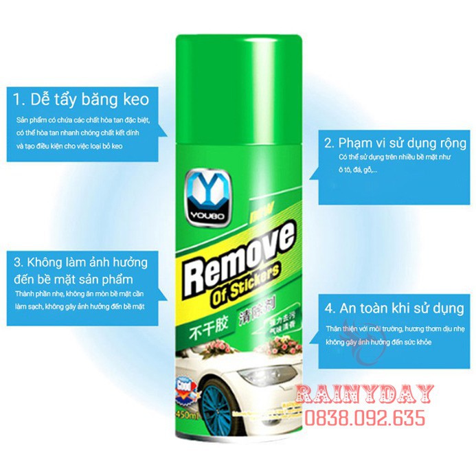 Dung dịch tẩy vết keo dán Sticker Remover 450ml bình xịt loại bỏ decal vết keo dính lâu ngày kính xe hơi