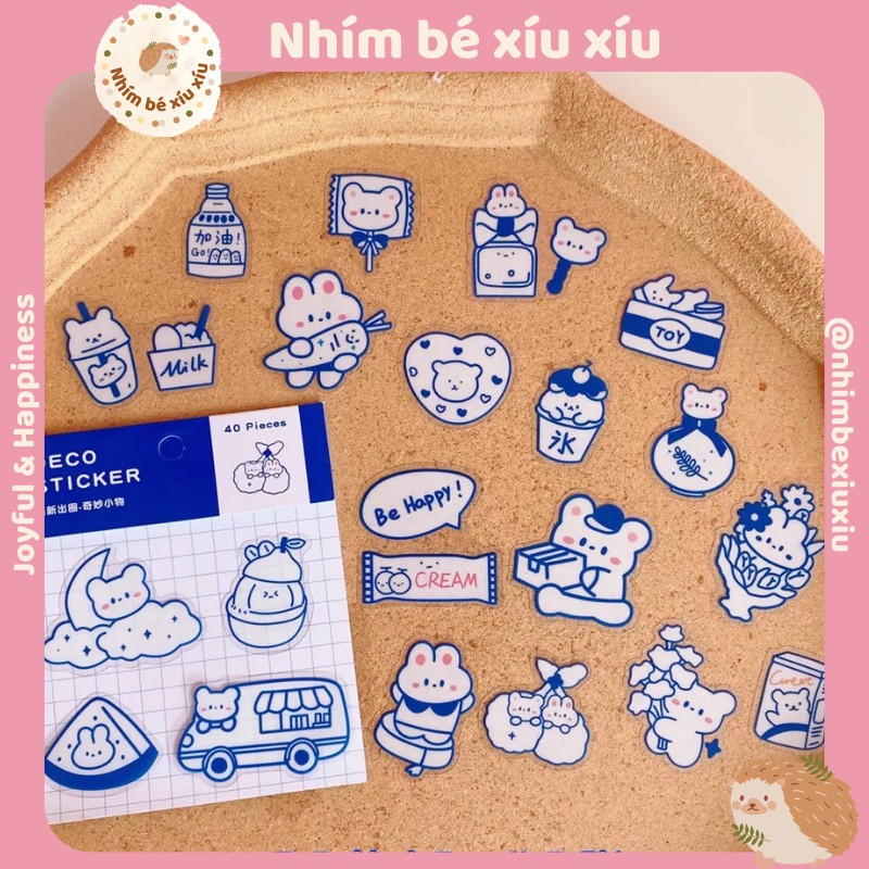 Set 40 sticker viền xanh THỎ TAI HỒNG chống thấm nước Deco Sticker Mr.Paper VT363