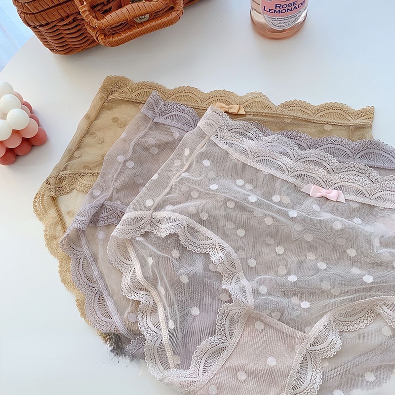 Quần Lót Lưới Siêu Mỏng Lưng Cao Họa Tiết Chấm Bi Phong Cách Nhật Bản Cho Nữ