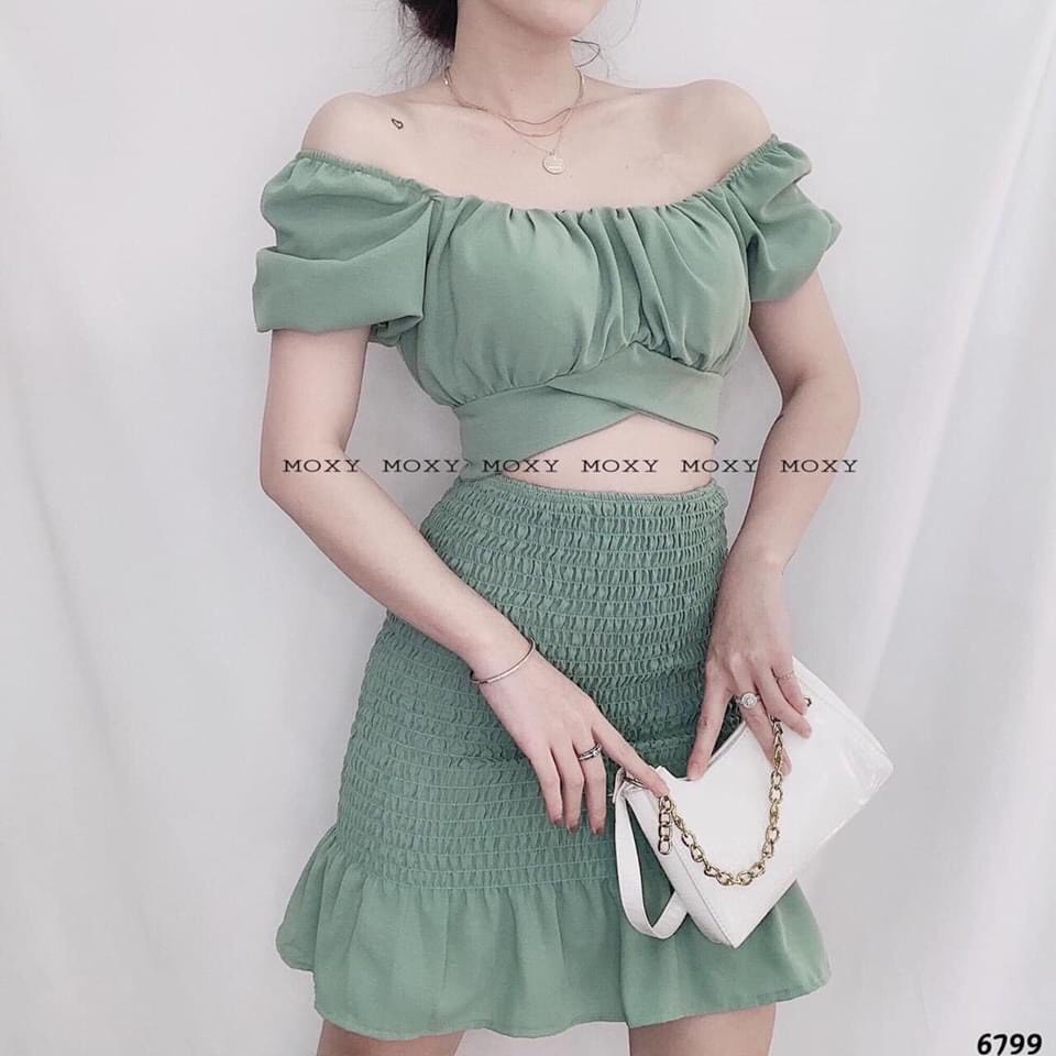Set bộ hot hit áo trễ vai cột nơ sau chân váy nhúm đuôi cá, đủ màu, cực xinh