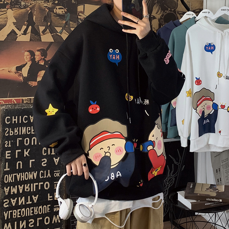 Áo sweater dáng rộng dài tay in hình hoạt họa có mũ trùm thời trang thu đông Hàn Quốc cho nam