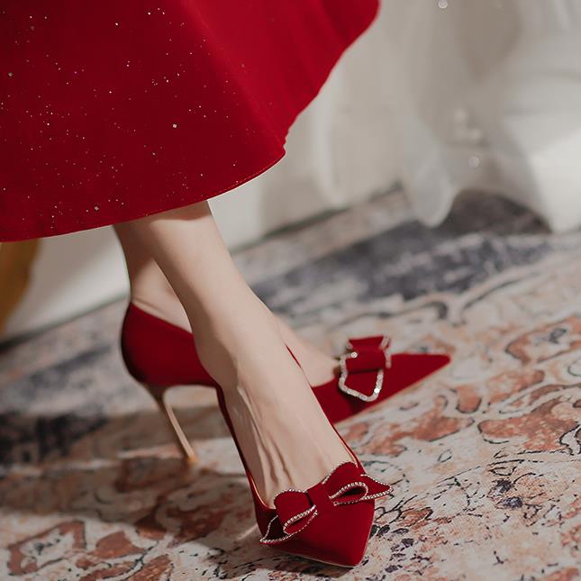 Giày Cao Gót Đính Nơ Đỏ Thời Trang Pháp Cho Cô Dâu 2022 Mới