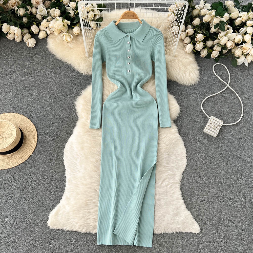 Đầm len cổ polo xẻ đùi gợi cảm, váy len dáng ôm