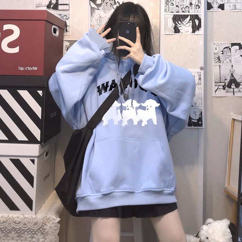 Áo Hoodie Nỉ Bông Túi Bụng Tay Suông WANGQQ Cừu