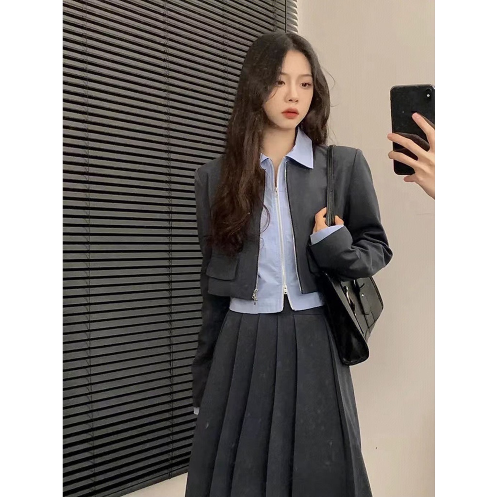 Set Áo Sơ Mi Cổ Bẻ Phối Chân Váy Thời Trang Phong Cách Phương Tây Thanh Lịch Cho Nữ