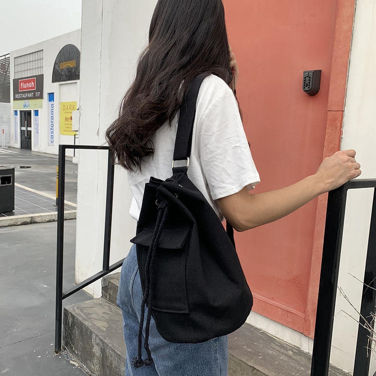 Túi xách đeo vai IELGY dây rút có ngăn ngoài bằng vải bạt phong cách trẻ trung cho nữ