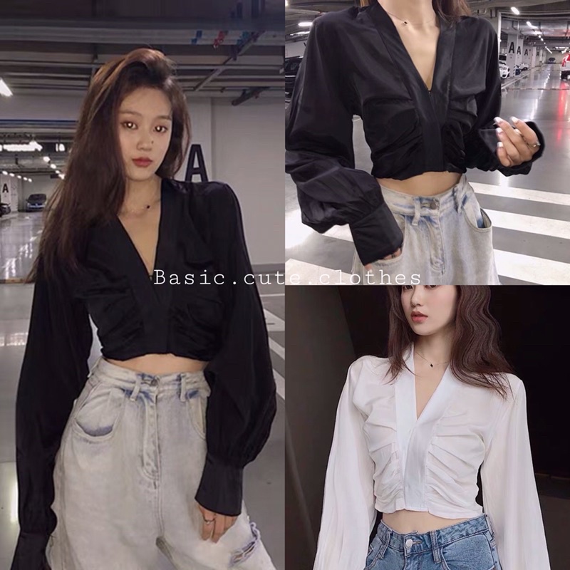 Áo croptop dài tay trơn cổ V nhún ngực chất thô màu đen và trắng SẴN ĐEN TRẮNG M, L