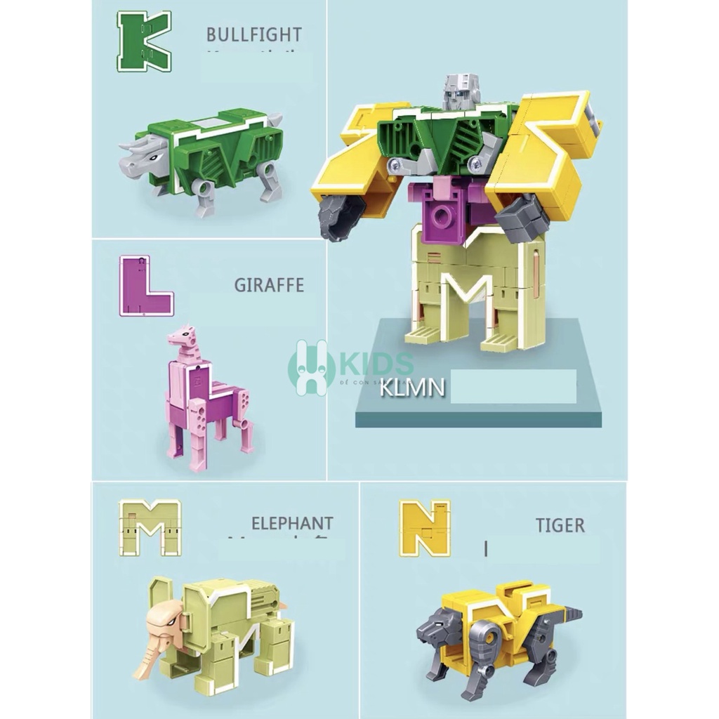 Đồ chơi 26 chữ cái A-Z biến hình thành động vật, lắp ghép robot thông minh trí tuệ cho bé trai, bé gái