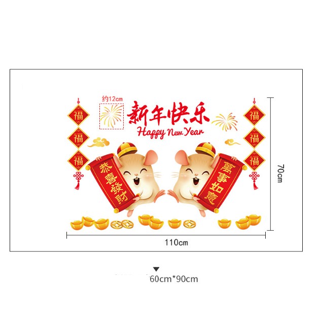 Decal dán Tết - Cặp Chuột Cầm tờ Liễu chúc Xuân