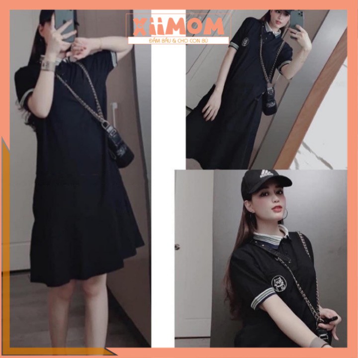 Váy bầu cotton - đầm bầu công sở dáng suông cổ kẻ phối tay viền kẻ freesize tới 70kg BN33 -Xiimom