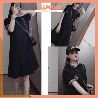 Đầm bầu cotton - váy bầu công sở dáng suông cổ kẻ phối tay viền kẻ freesize tới 70kg BN33 - Xiimom