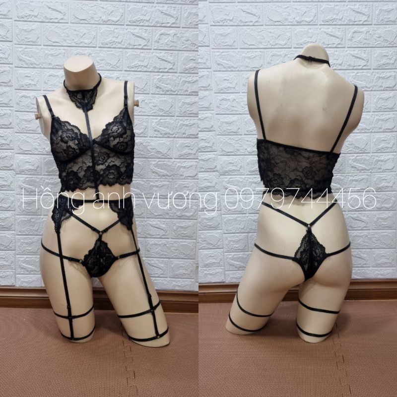 set đồ lót nội y ren kèm harness đùi choker cổ sexy gợi cảm