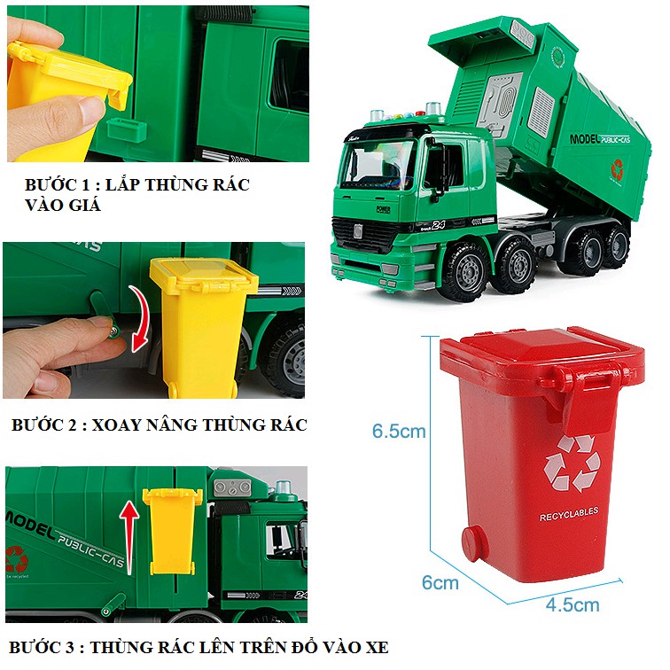 Xe ô tô chở rác loại lớn màu xanh có âm thanh và đèn tặng kèm 3 thùng rác mini