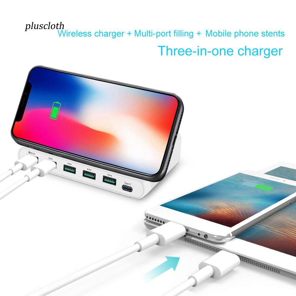 Đế sạc nhanh không dây 6 cổng QC 3.0 2.14A USB Type-C 3 trong 1 kèm cáp nguồn đa năng tiện dụng