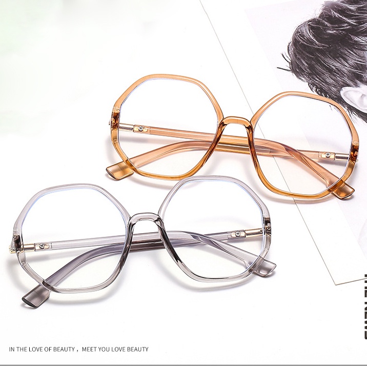 Kính cận thời trang mắt đa giác không độ chống ánh sáng xanh phong cách Hàn Quốc