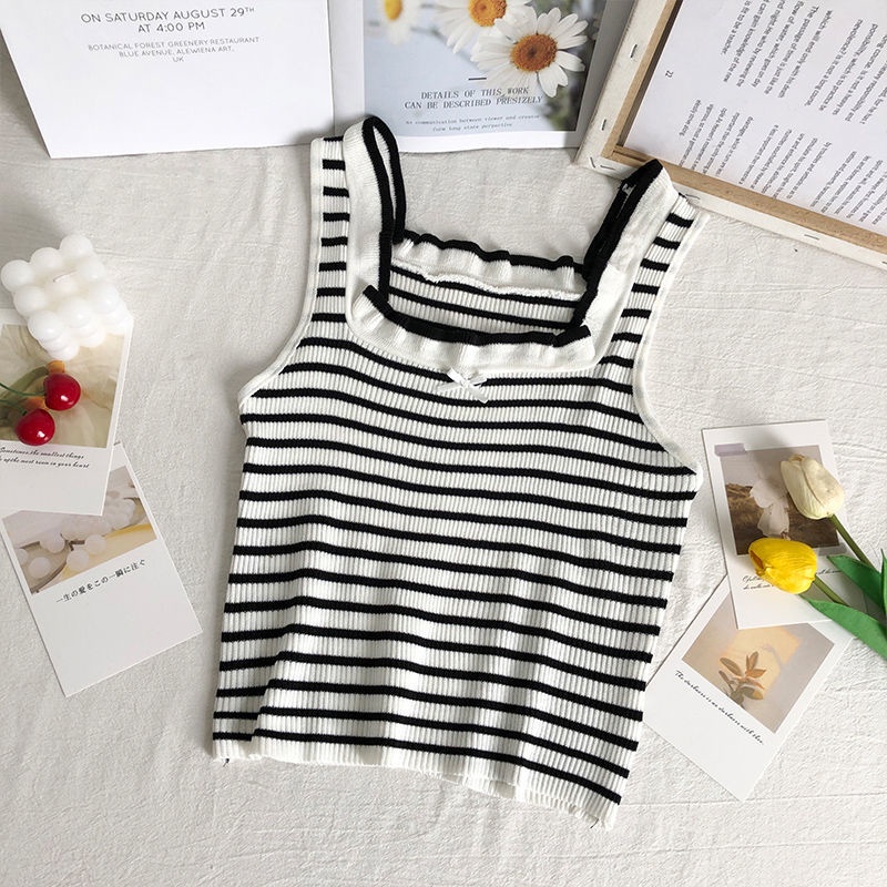 Áo Hai Dây Dệt Kim Dáng Ôm Kẻ Sọc Thắt Nơ Sau Lưng Phong Cách Hàn Quốc Thời Trang Mùa Hè Cho Nữ