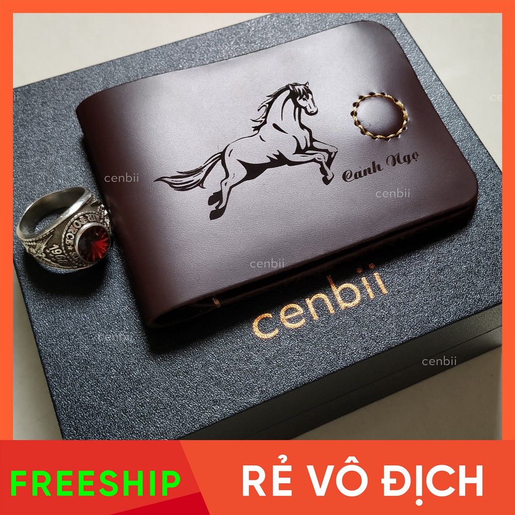Ví bóp mini, ví da khắc tên, màu đỏ rượu