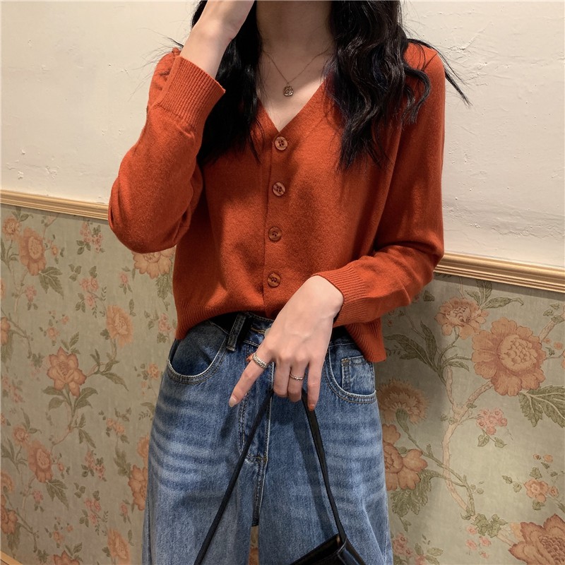 Áo Khoác Cardigan Thun Len Cổ Tim Xinh Xắn Cho Nữ Chất Len Tăm Phong Cách Ulzzang Hàn Quốc Nhiều Màu