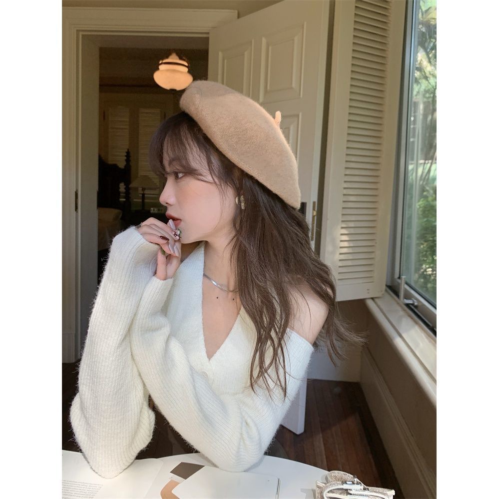 Áo dệt kim tay dài cổ chữ V thiết kế trễ vai quyến rũ COZOK