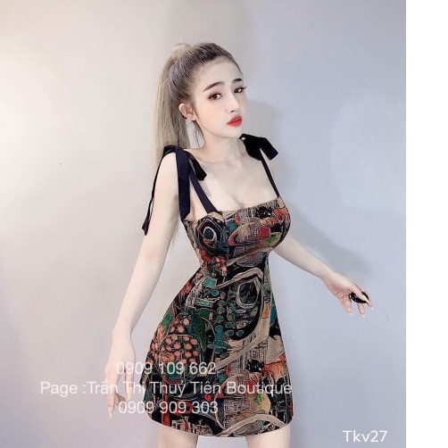 Đầm Nữ Công Chúa 2 Dây Cột Nơ Dáng 3D Họa Tiết Thời Trang