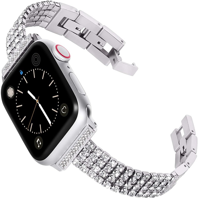 Dây Đồng Hồ Bằng Thép Không Gỉ Đính Đá Sang Trọng Cho Apple Iwatch 6 5 Se 4 3 2 1 38mm 42mm44mm 40mm