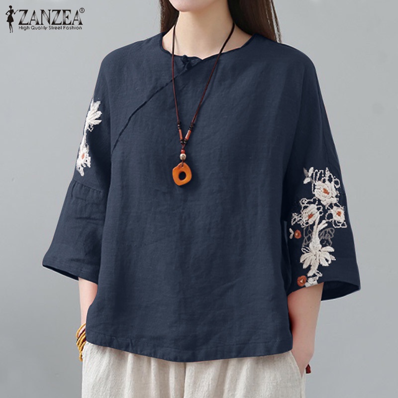 Áo ZANZEA tay lửng cổ tròn thêu họa tiết vintage thời trang cho nữ