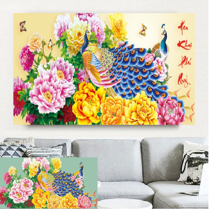 Tranh thêu chữ thập hoa khai phú quý KT:88x43cm,tranh chưa thêu.Tặng kéo và xỏ chỉ.