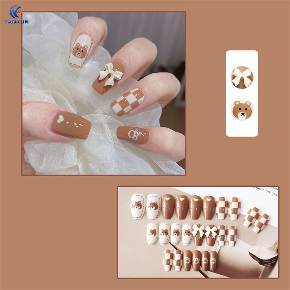 Bộ Móng Tay Giả Đính Nơ Họa Tiết Gấu Dễ Thương