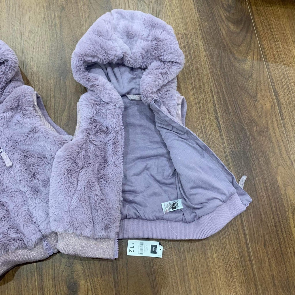 Áo gile lông tím có mũ cho bé gái 2-8y