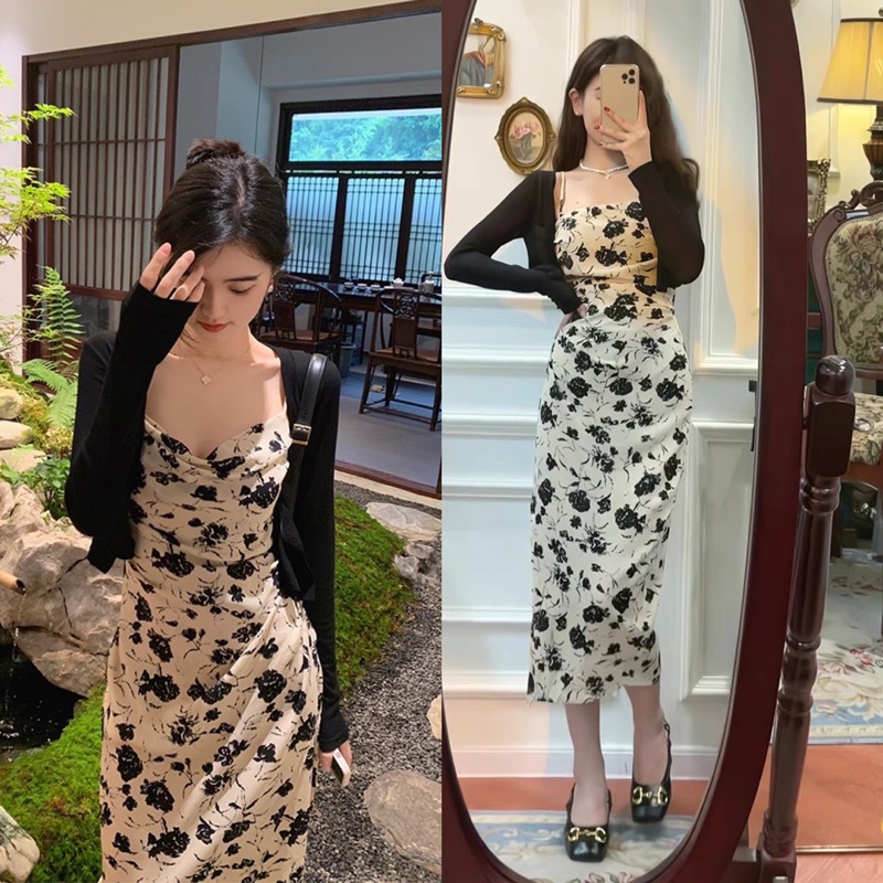 Set Váy Trắng Dây Nơ Ngực Mix Áo Cardigan Đen Chất Dày Đẹp 2Lớp kèm ảnh thật Kaylee