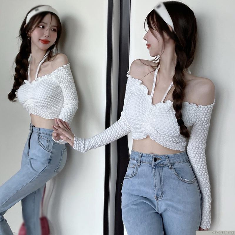 Áo thun croptop tay dài hở vai màu trơn phong cách Hàn Quốc cho nữ