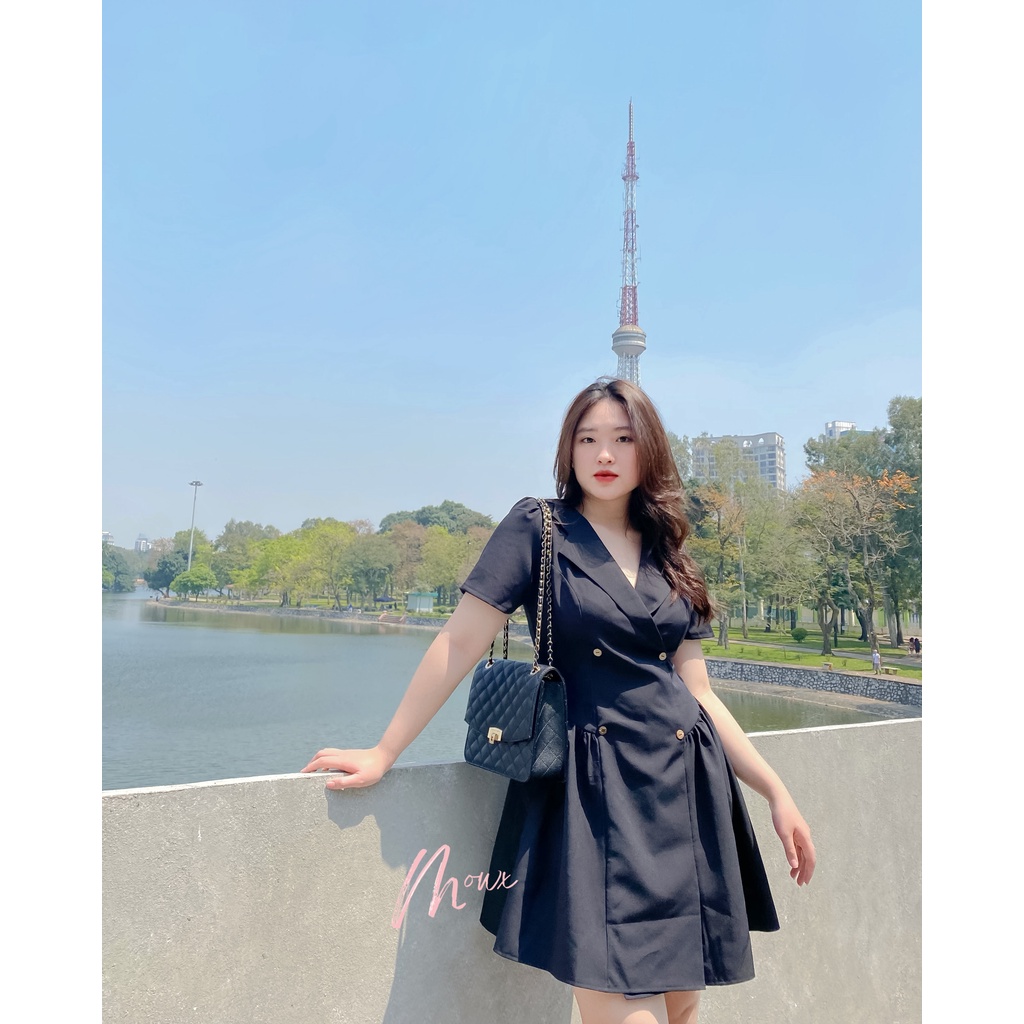 𝐄𝐋𝐄𝐆𝐀𝐍𝐓 ✿ Váy Vest Đen BIGSIZE Nữ Công Sở Ngắn Tay Dáng Xòe Đính Khuy Gỗ Sang Trọng Đi Làm, Đi Học, Đi Chơi