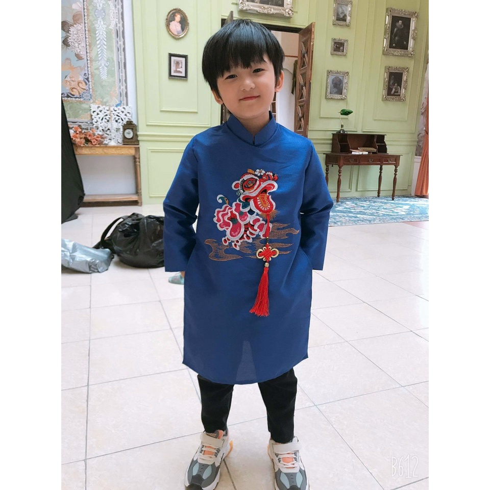 Áo Dài Bé Trai Thêu Lân Mon 3 Màu Đỏ - Vàng - Xanh Cho Bé Từ 8 đến 29kg