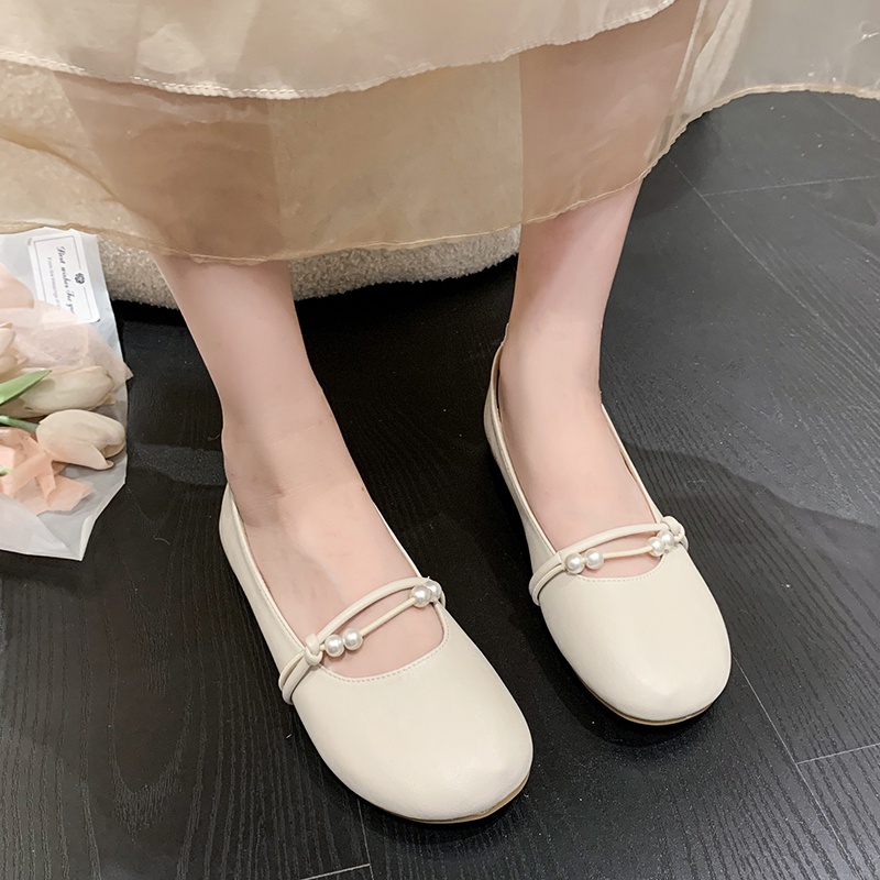 Giày Mocha Mũi Tròn Phối Dây Thắt Chéo Đính Ngọc Trai Xinh Xắn Kiểu Hàn Quốc Cho Nữ